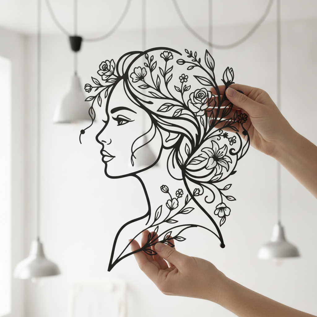 Personalized metal sign of a woman with flowers in her hair in black steel – image 8