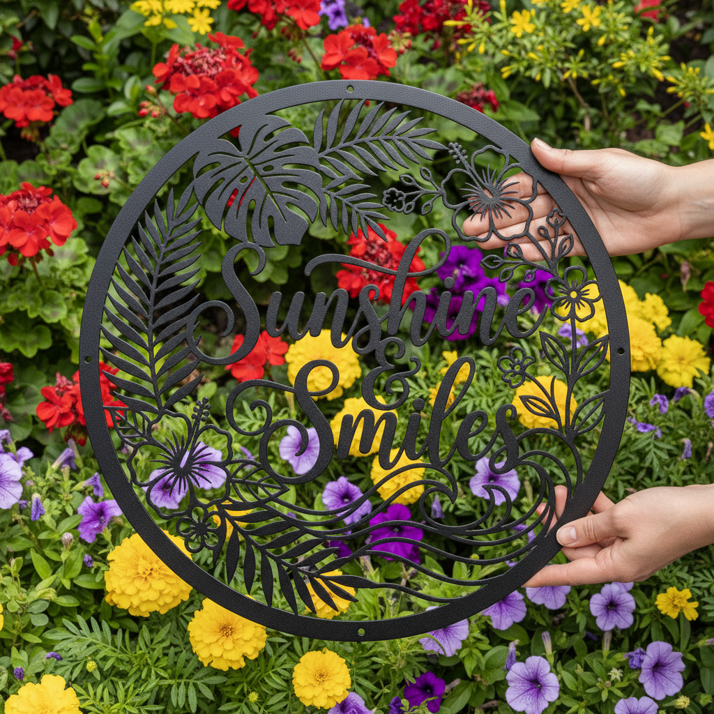 Personalisiertes Sommerschild Sunshine and Smiles mit Sonne und Palmen aus Stahl – Bild 9