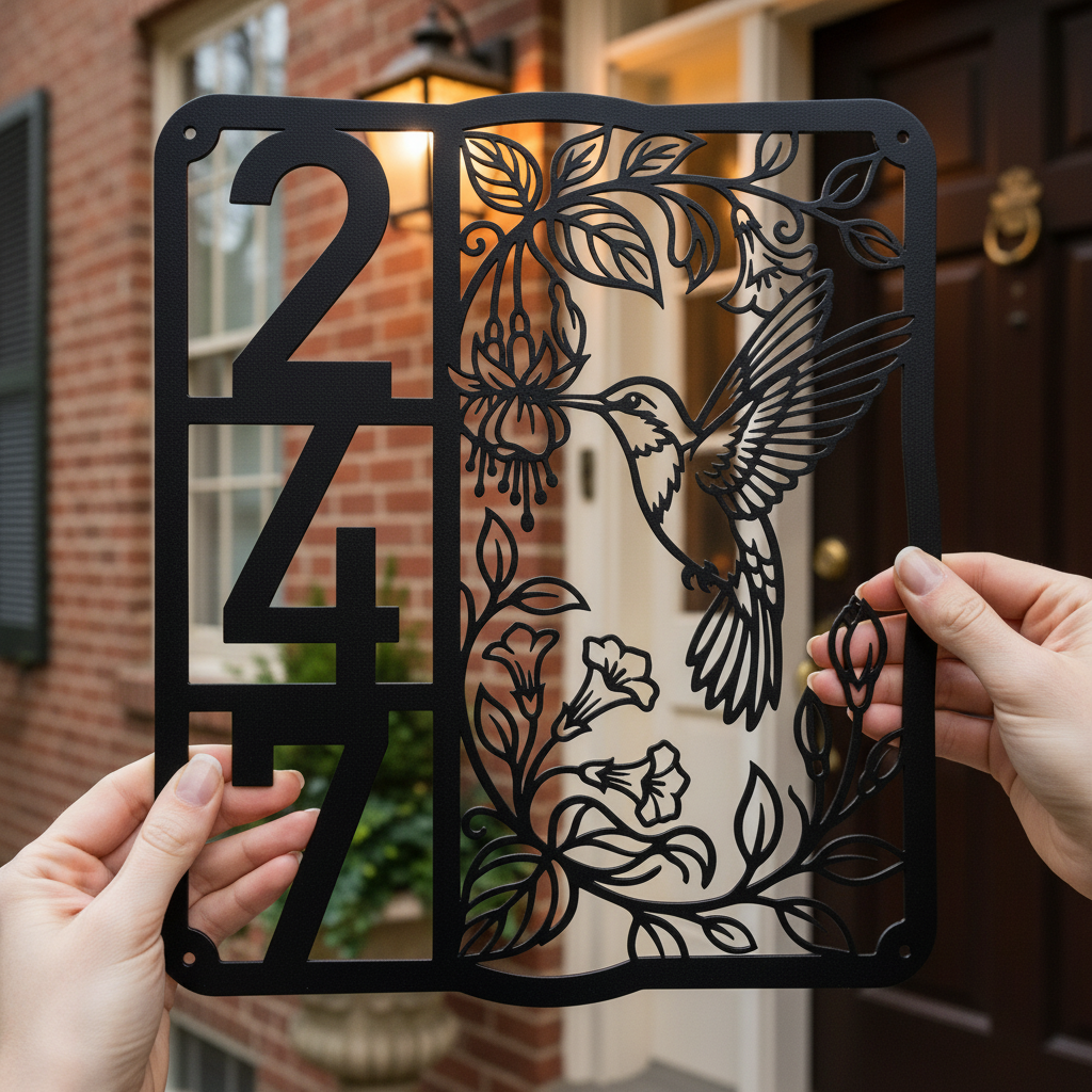 Custom house number sign with hummingbird and street name in black steel – image 6