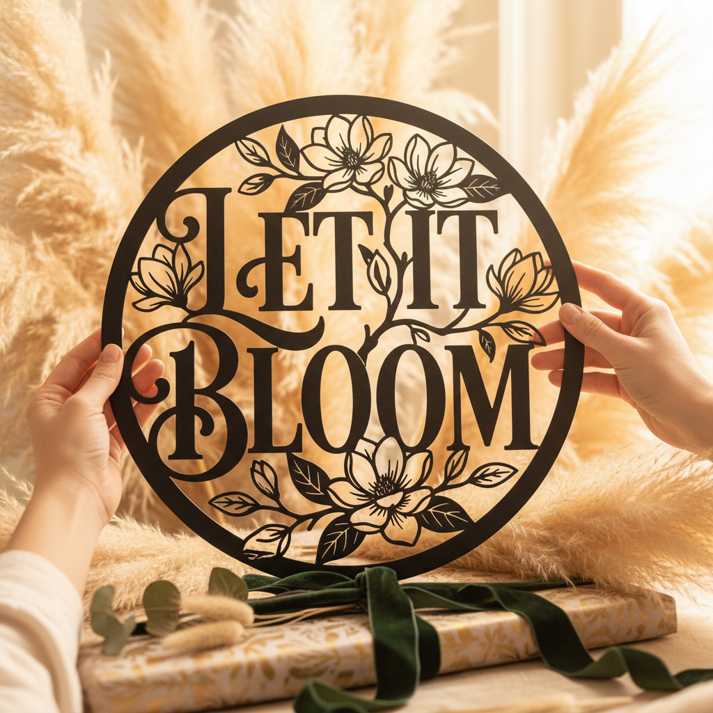 Personalisiertes rundes Gartenschild Let it Bloom mit Blumenkranz und Namen – Bild 5