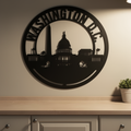 Round Washington D.C. skyline metal sign with Capitol and monuments in black steel