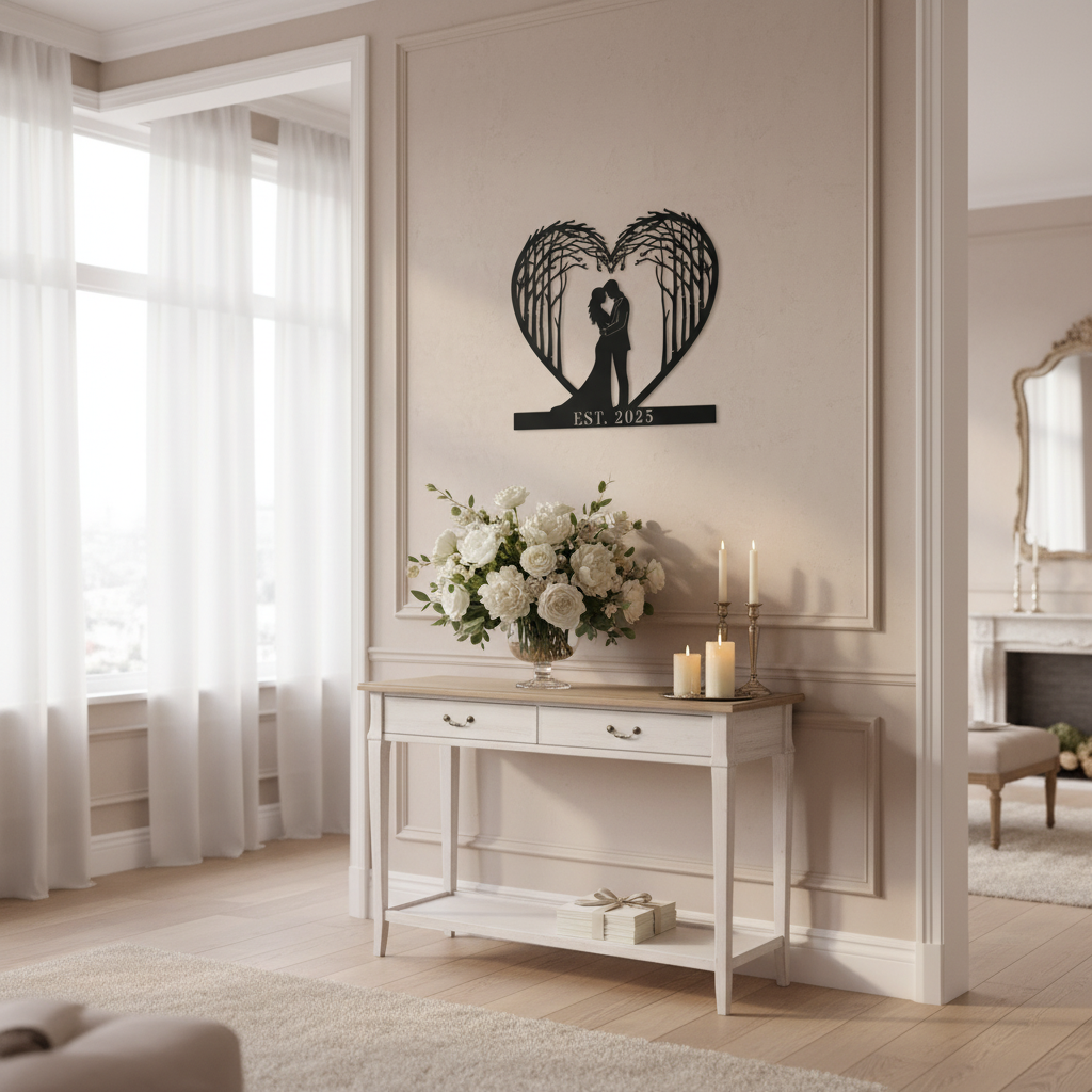 Personalized couple tree metal sign with heart, names and year in black steel – image 10