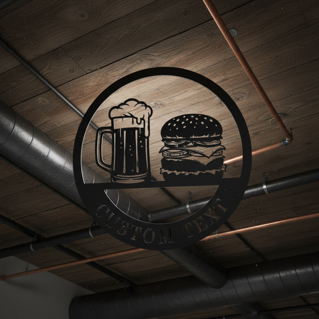 Round Burgers and Brews metal sign with beer mug and cheeseburger in black steel – image 5