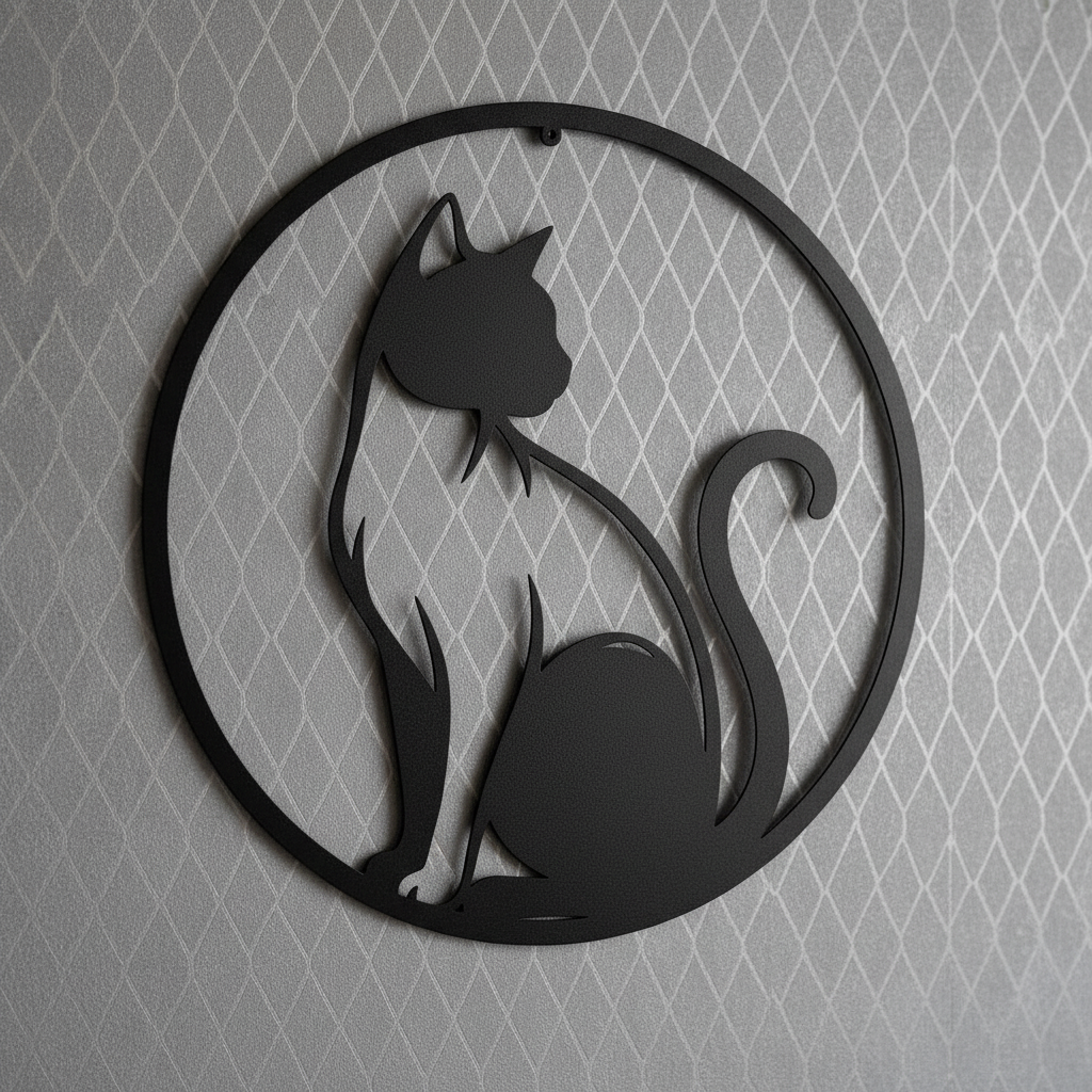 Round cat profile silhouette metal wall art in black steel – image 8