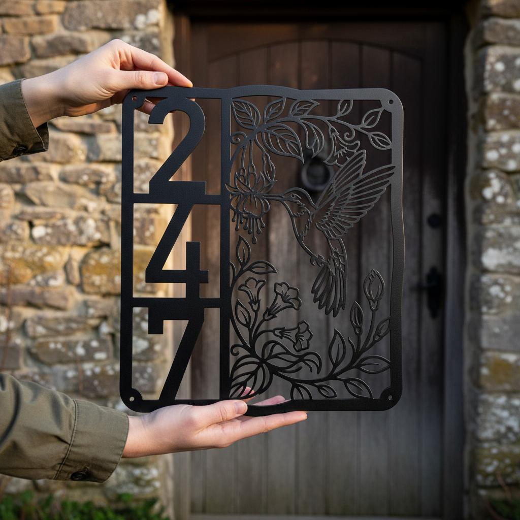 Custom house number sign with hummingbird and street name in black steel – image 8