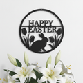 Rundes Osterhase Metallschild mit Tulpen und Happy Easter aus schwarzem Stahl