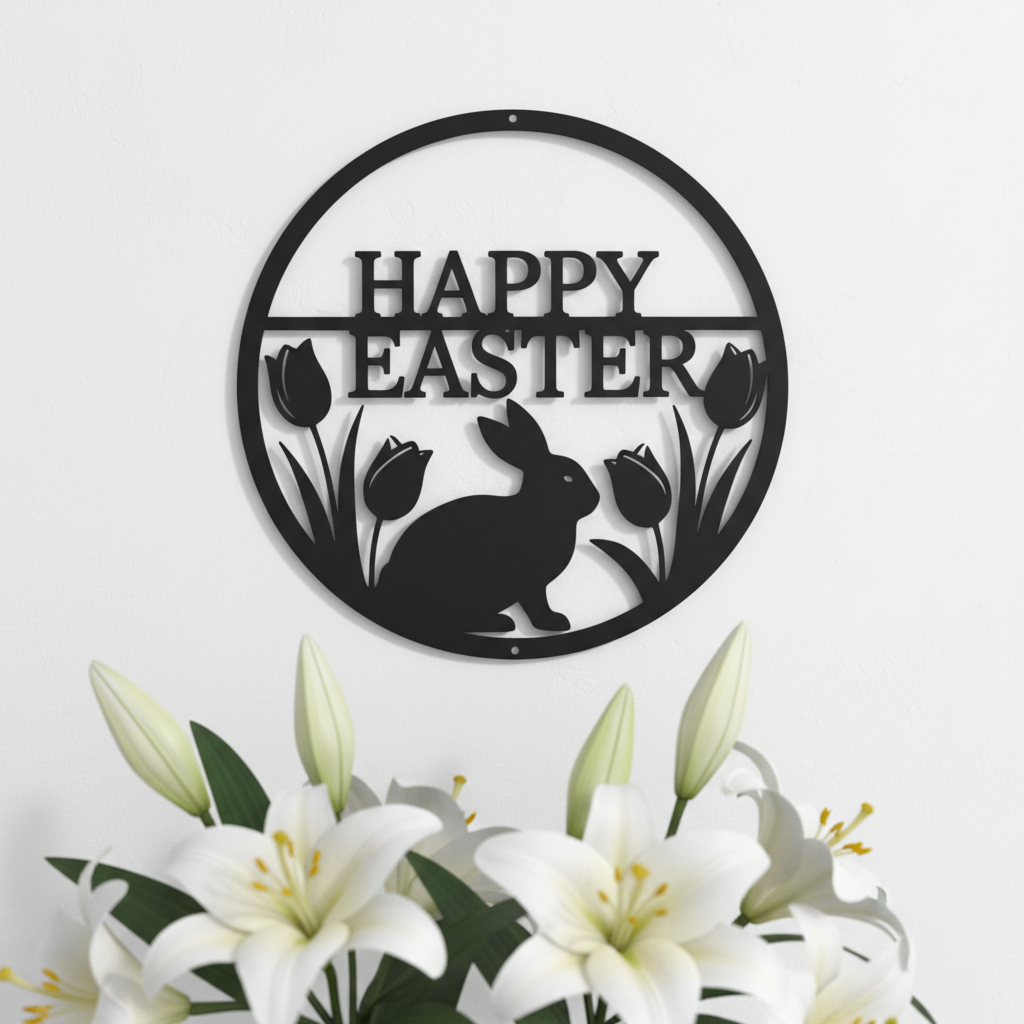 Happy Easter Osterhase mit Tulpen rundes Metallschild – Bild 1