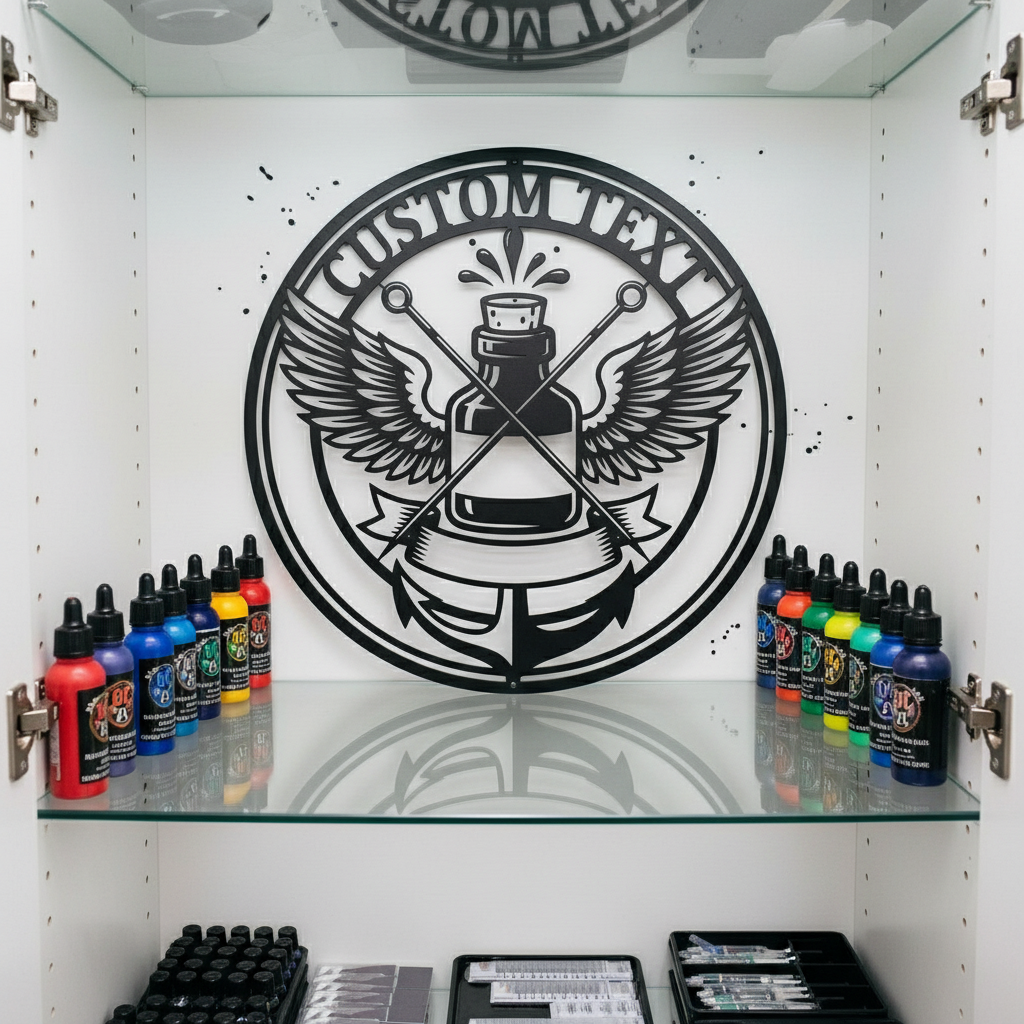 Personalisiertes Tattoo Metallschild rund mit Tintenflasche, Flügeln und Anker – Bild 2