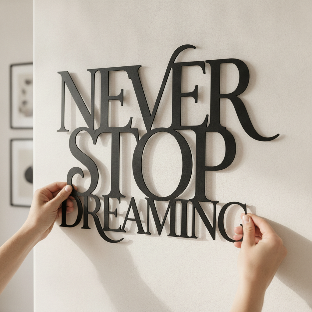Metallschild mit Spruch Never Stop Dreaming als Wanddeko aus schwarzem Stahl – Bild 4