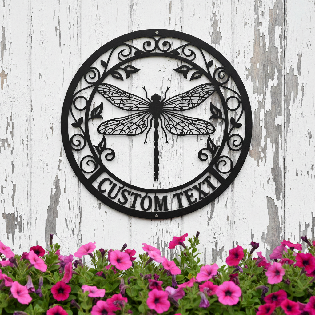Personalisiertes Libelle mit filigranen Ranken Metallschild rund – Bild 1