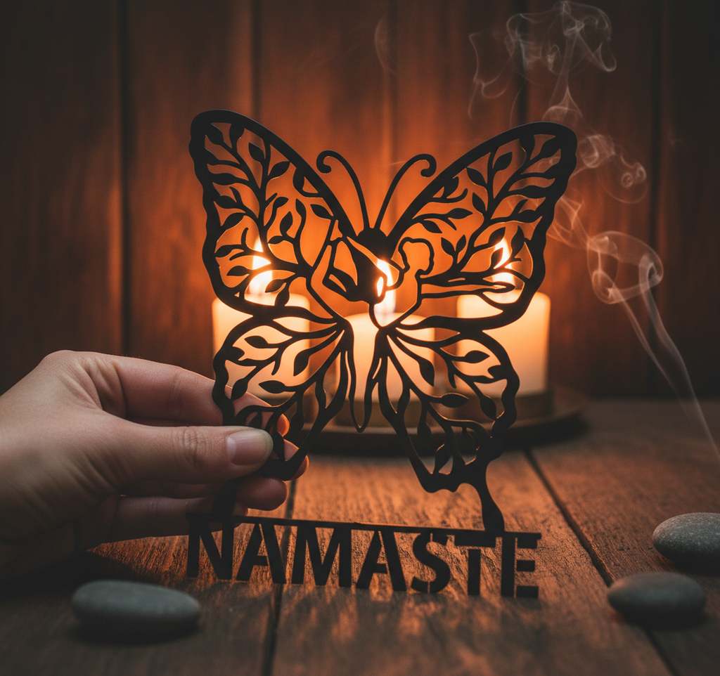 Yoga Wanddeko aus Metall mit meditierender Schmetterlingsfigur und Namaste – Bild 9