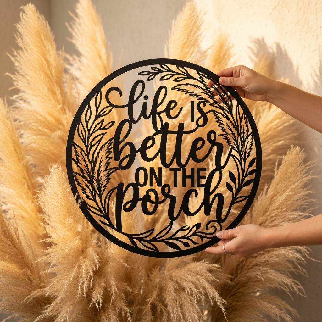 Rundes Boho Metallschild mit Pampasgras und Spruch aus schwarzem Stahl – Bild 8