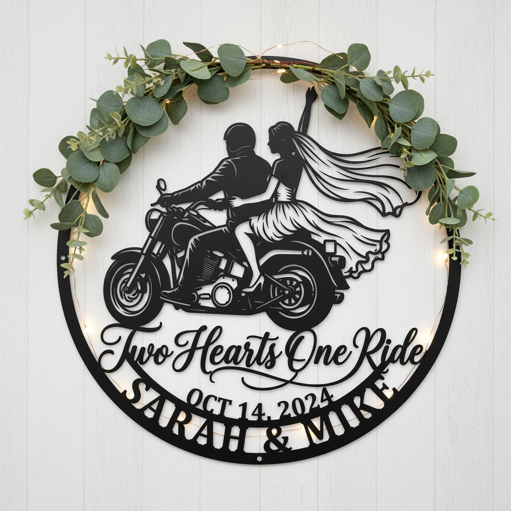 Personalized Just Married motorcycle wedding metal sign with names and date