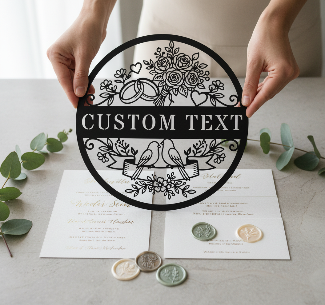 Personalisiertes Hochzeitsschild rund mit Turteltauben, Ringen und Brautstrauß – Bild 4