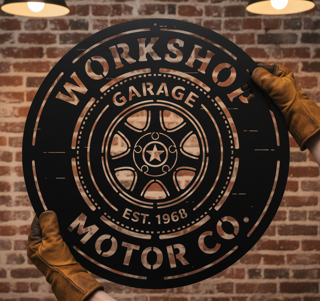 Personalized round Motor Co. garage sign with wheel rim in black steel