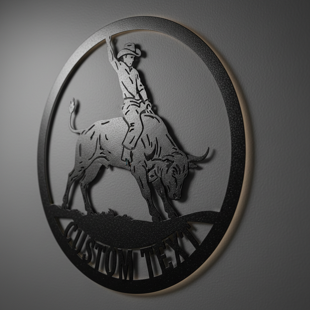 Personalized round rodeo bull rider metal sign with name in black steel – image 9
