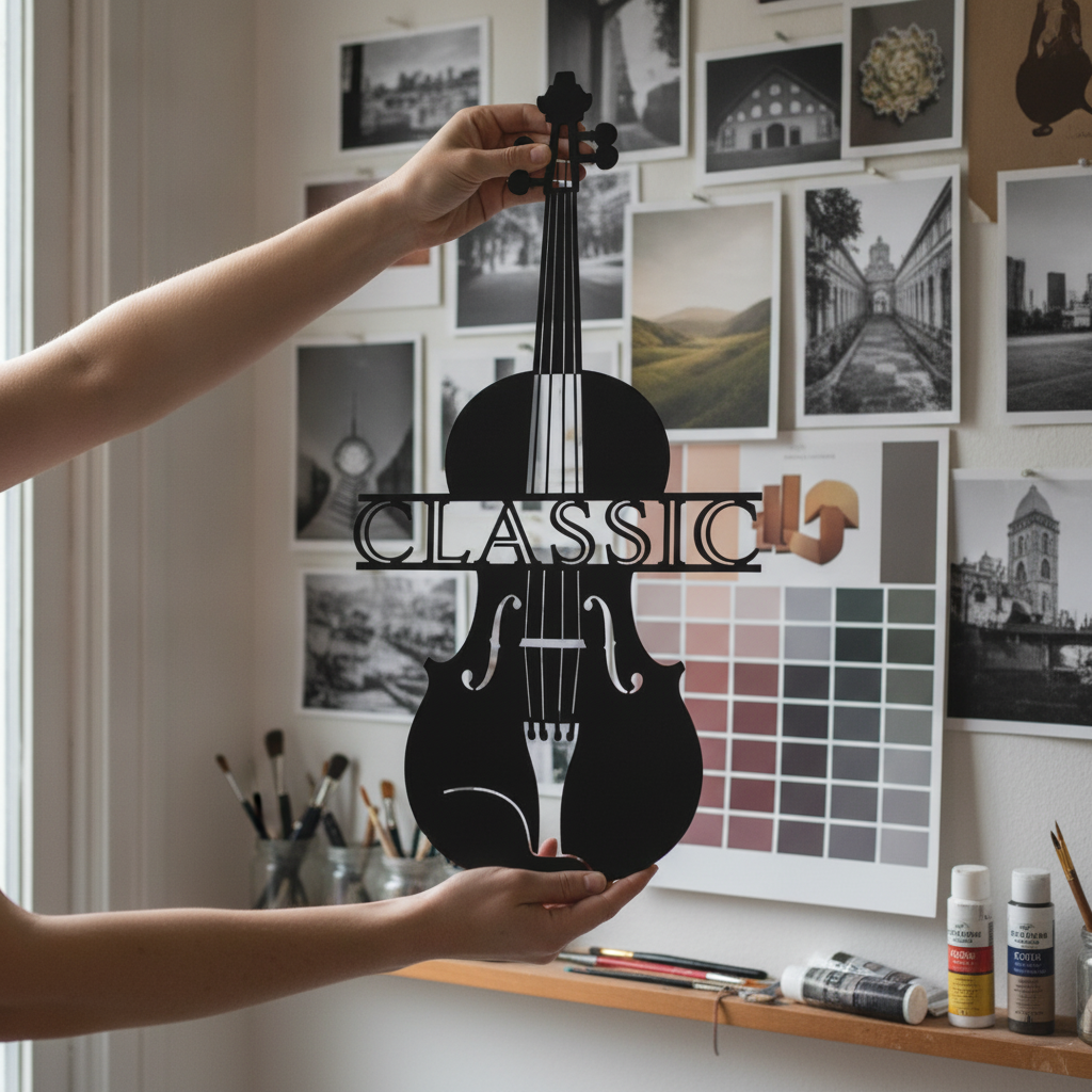 Violin with bow and music staff lines as black steel metal wall art – image 7