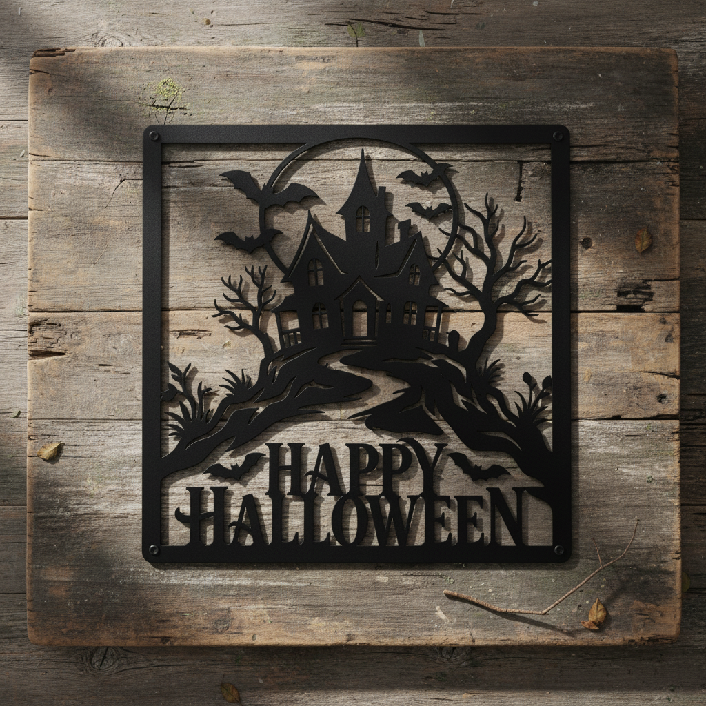Happy Halloween Spukhaus mit Fledermäusen Metallschild quadratisch – Bild 1