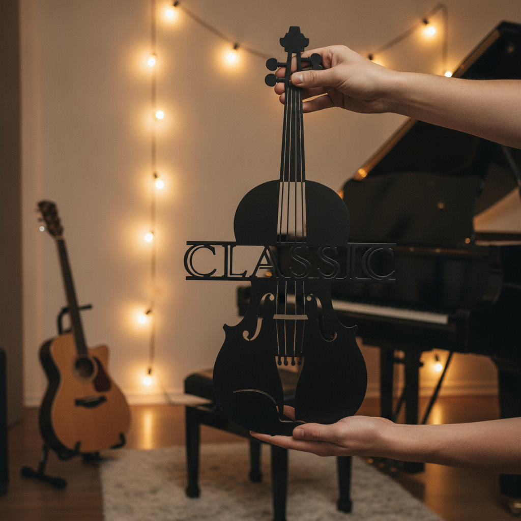 Violin with bow and music staff lines as black steel metal wall art – image 9