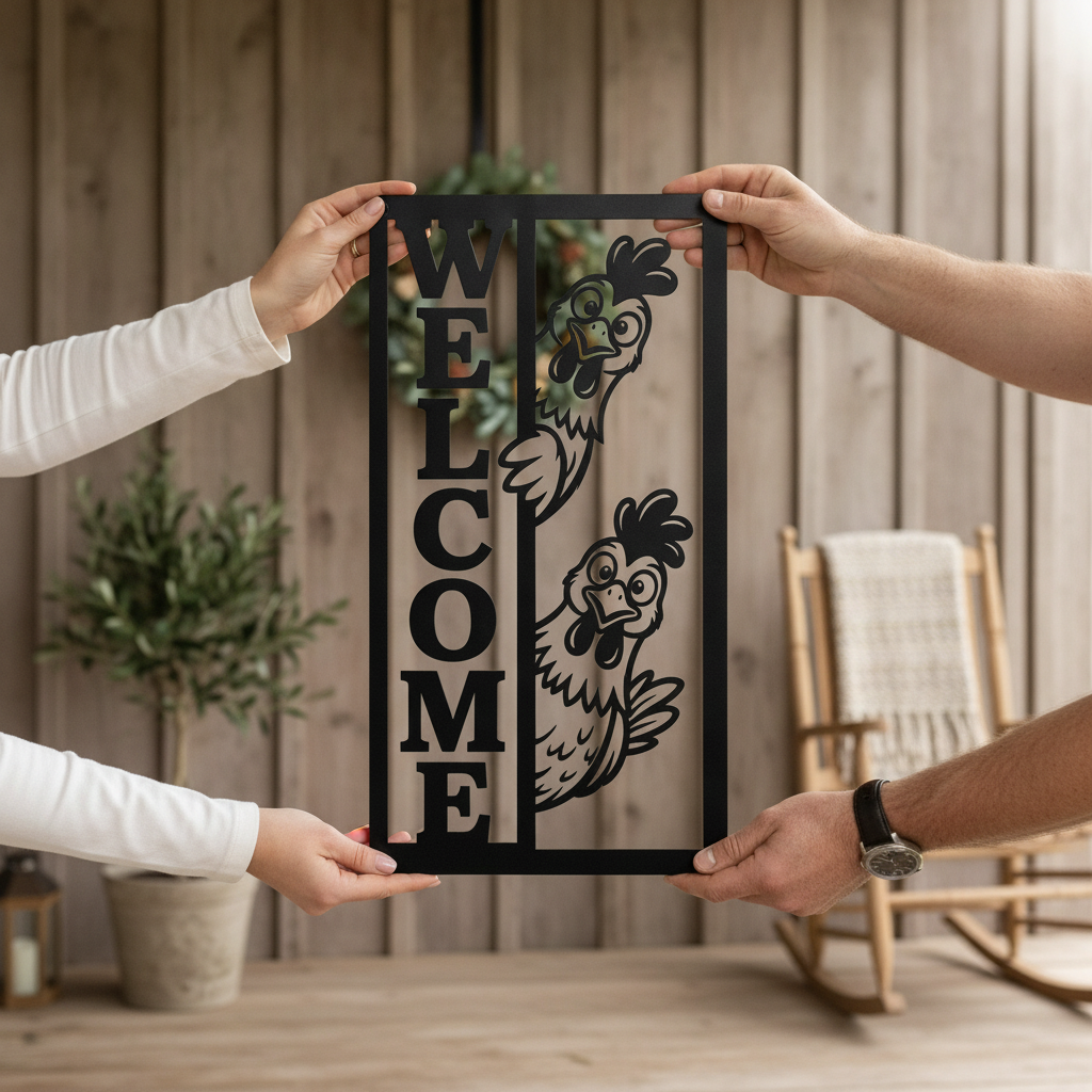 Vertical welcome sign with a peeking chicken in black steel – image 5