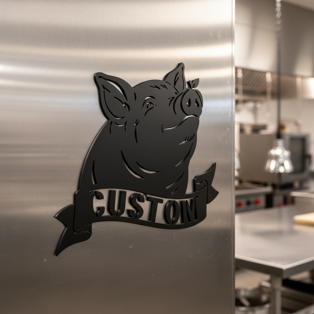 Personalisiertes Schweinekopf Metallschild mit Apfel und Namensband aus schwarzem Stahl – Bild 5