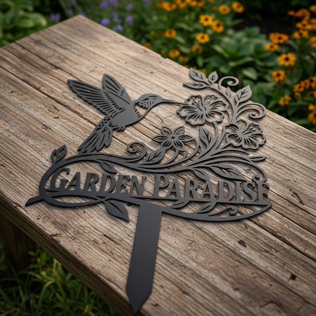 Hummingbird garden stake with flowers in black steel for beds and planters – image 2