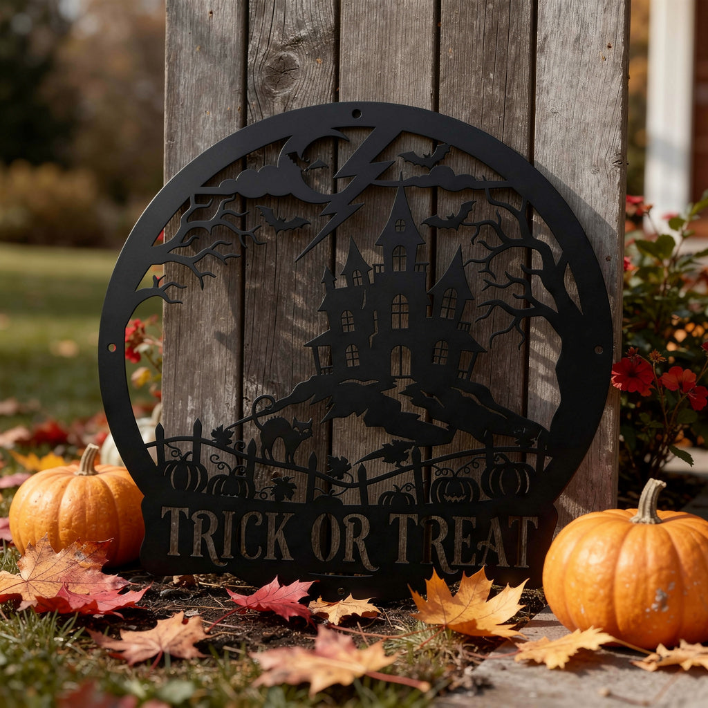 Halloween Spukhaus mit Fledermäusen Trick or Treat Metallschild rund – Bild 10