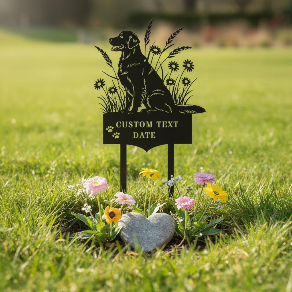 Personalized golden retriever memorial garden stake with name and dates in black steel – image 6