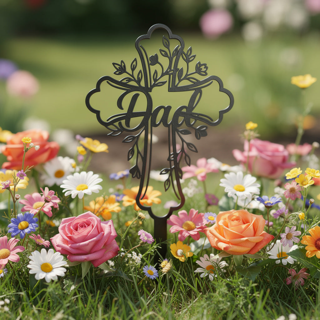 Personalized cross memorial stake for Dad with name and dates in black steel – image 9