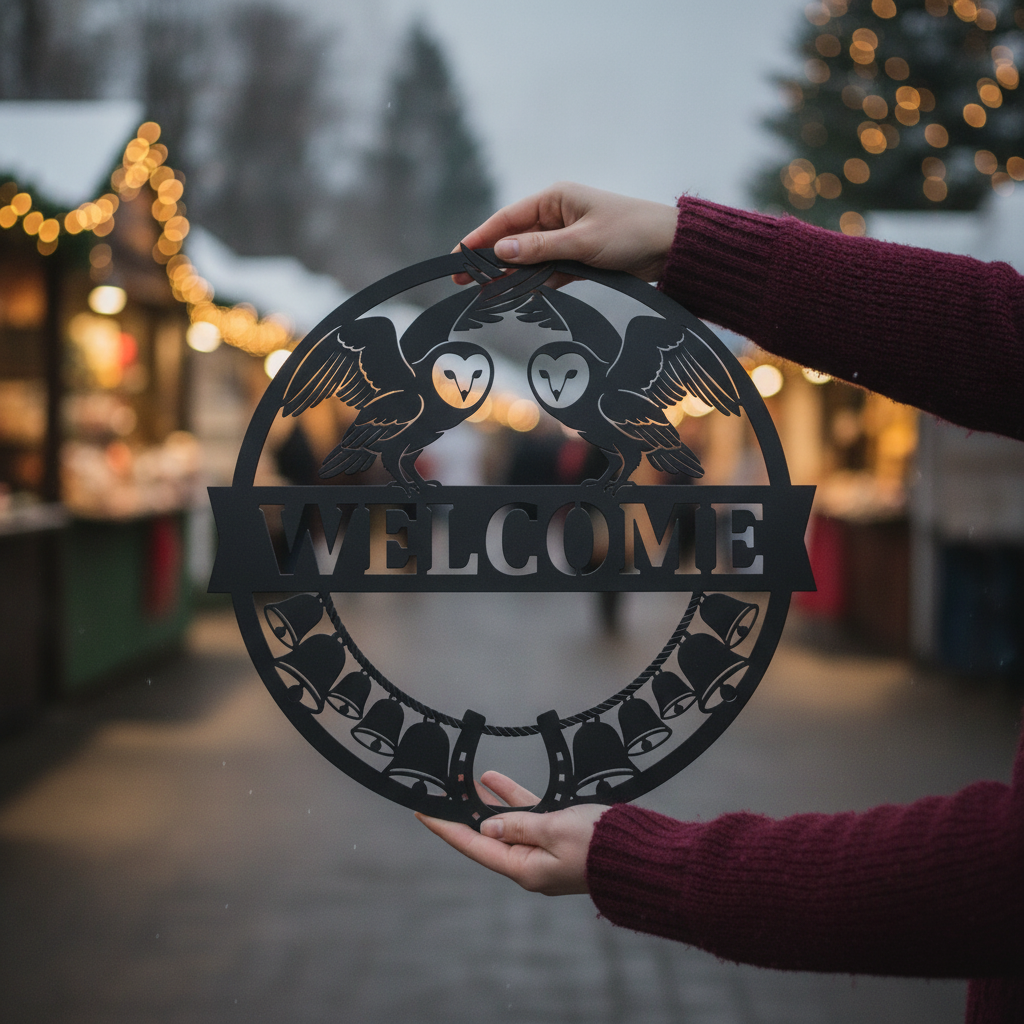 Round owl welcome sign with bells and horseshoe in black steel – image 9