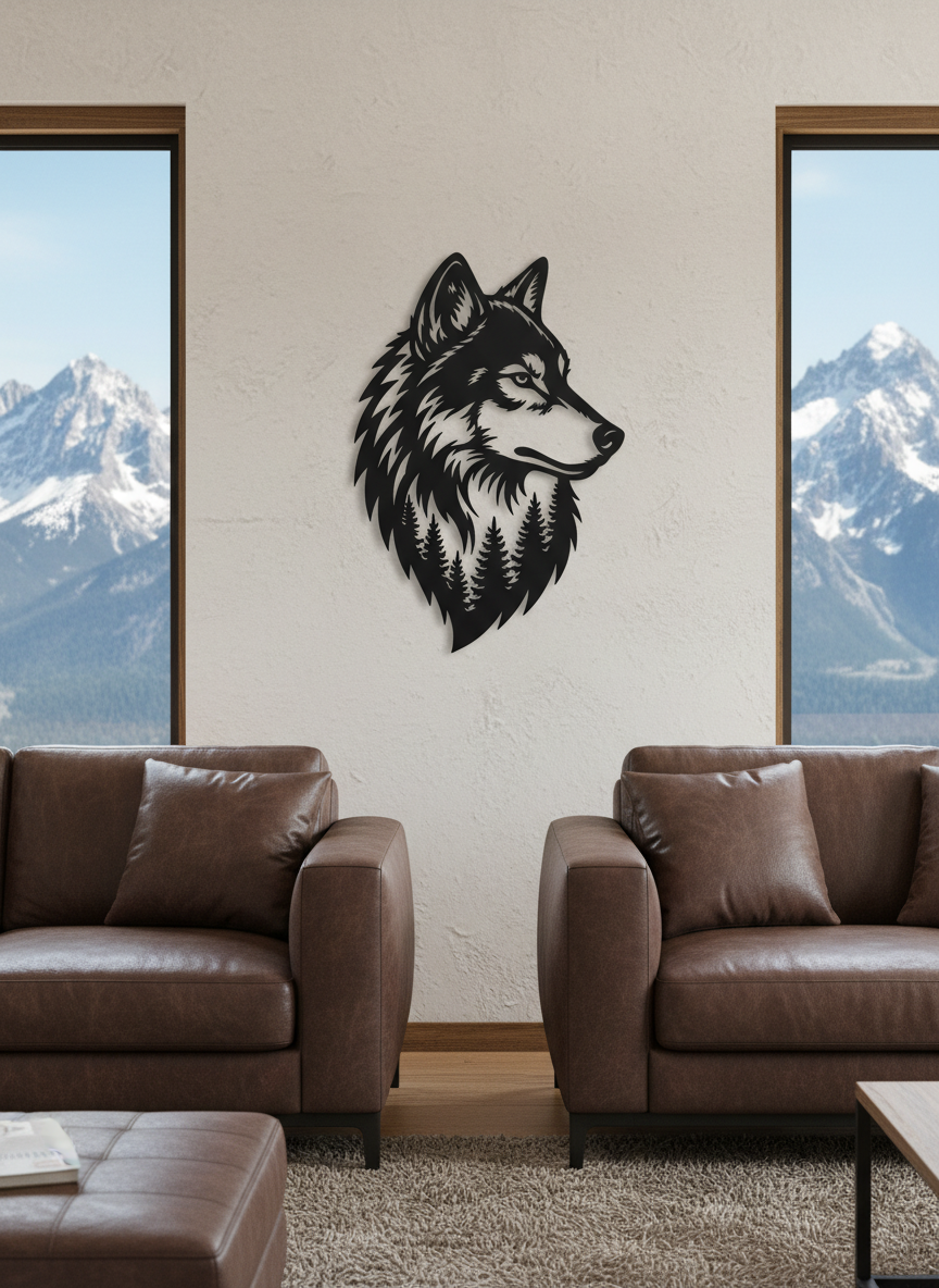 Wolf head metal wall art with forest and trees in black steel