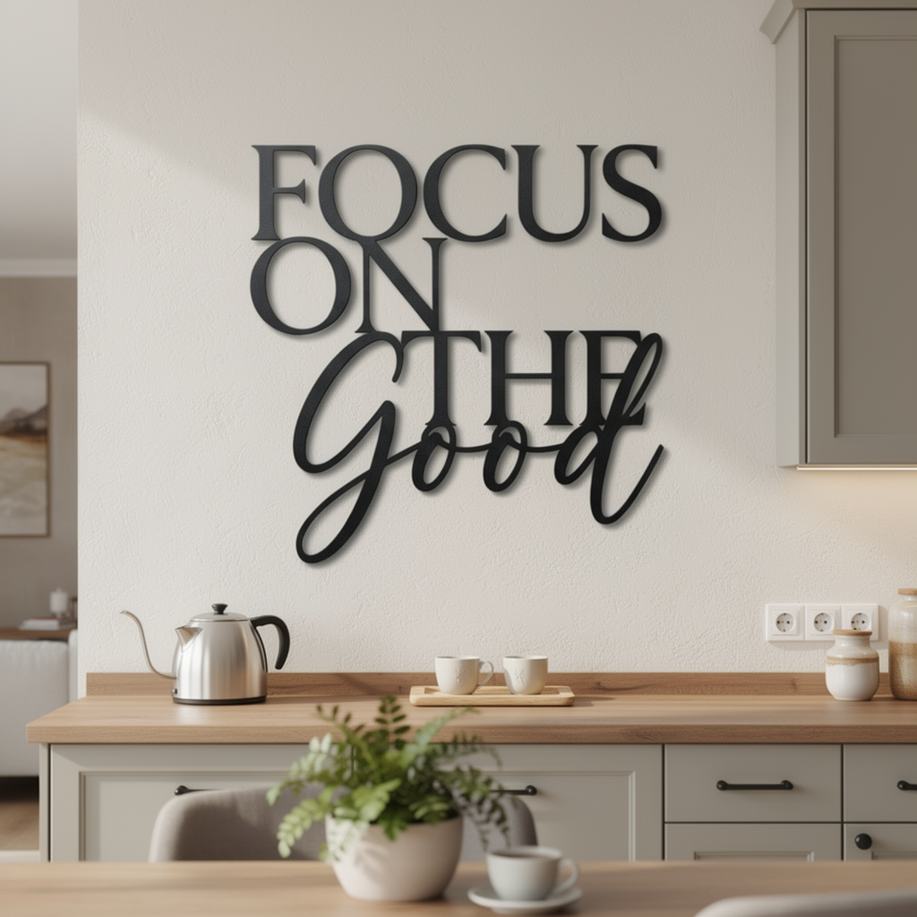Focus on the good metal word sign in black steel as inspirational wall art – image 9