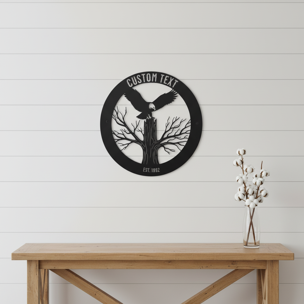 Personalisiertes rundes Familienschild mit Adler, Baum und Jahr aus schwarzem Stahl – Bild 5