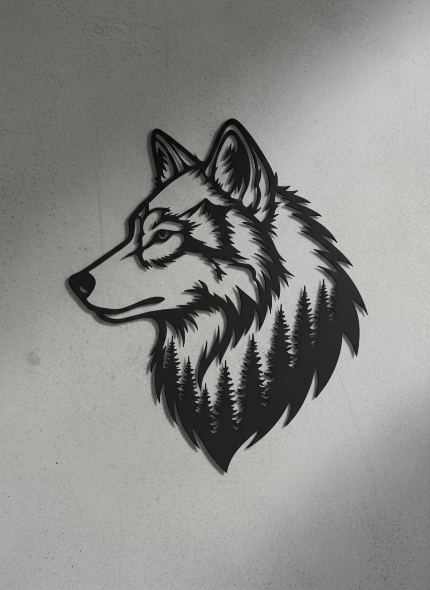 Wolfskopf mit Kiefernwald Metall Wanddeko matt schwarz – Bild 2