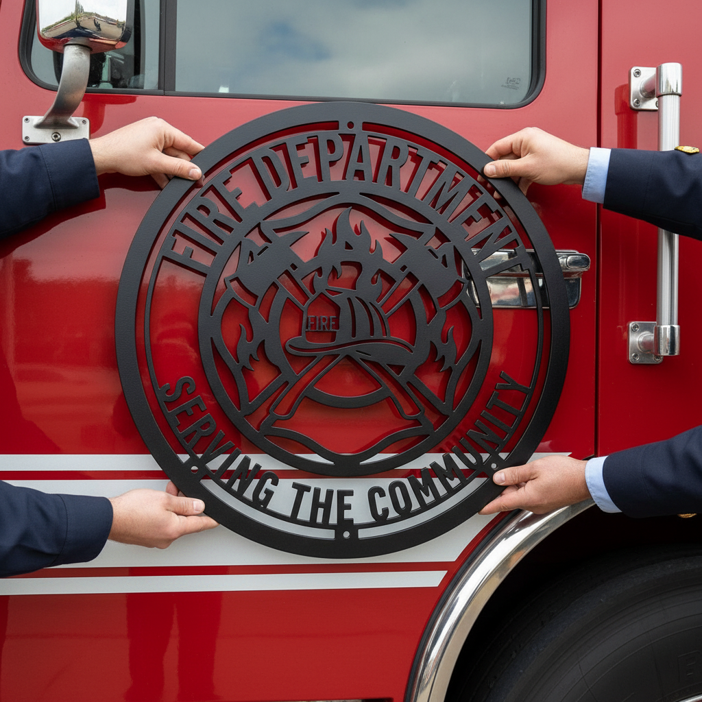 Personalized firefighter metal sign with fireman in helmet and gear in black steel – image 2