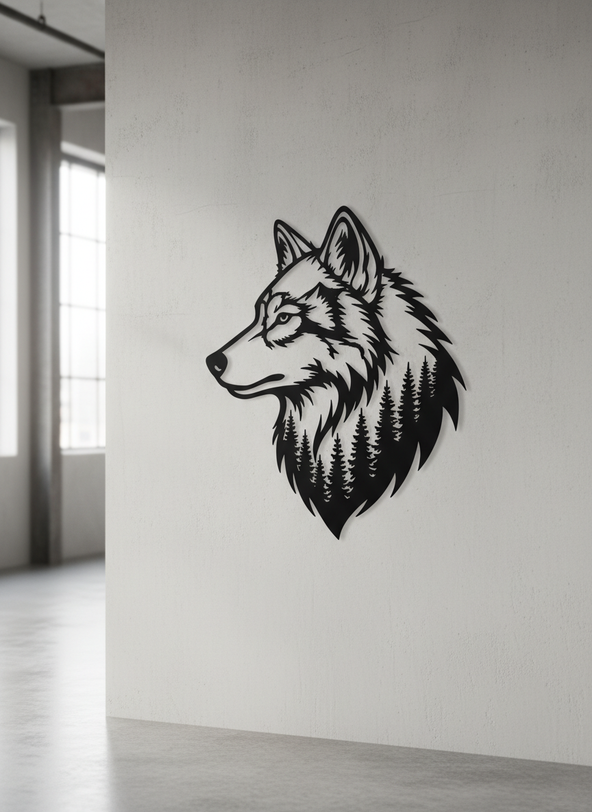Wolfskopf mit Kiefernwald Metall Wanddeko matt schwarz – Bild 5