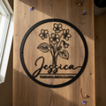 Personalisiertes rundes Geburtsblumen Metallschild Februar mit Veilchen und Namen