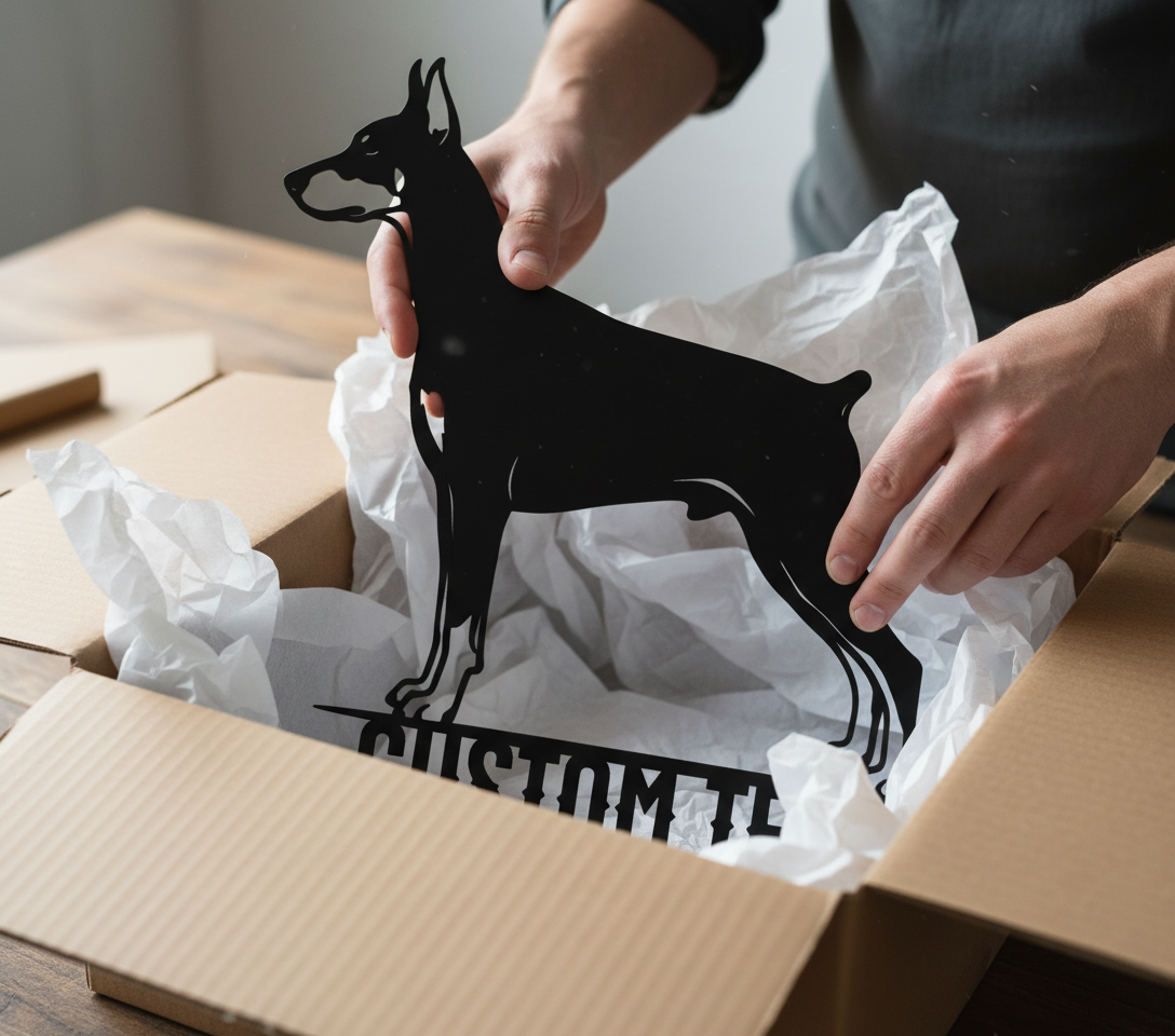 Personalized Doberman metal sign with standing dog and name in black steel – image 5