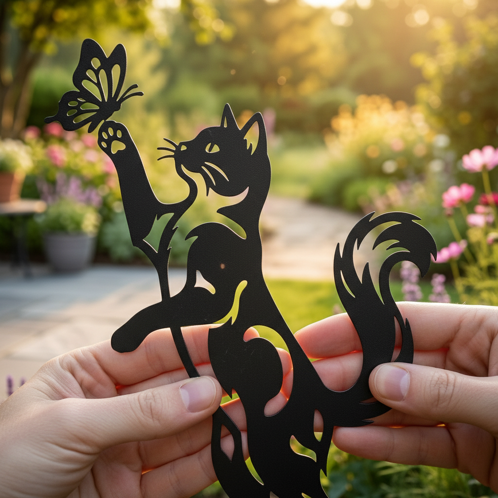 Stehende Katze mit Schmetterling und Pfote Gartenstecker – Bild 3