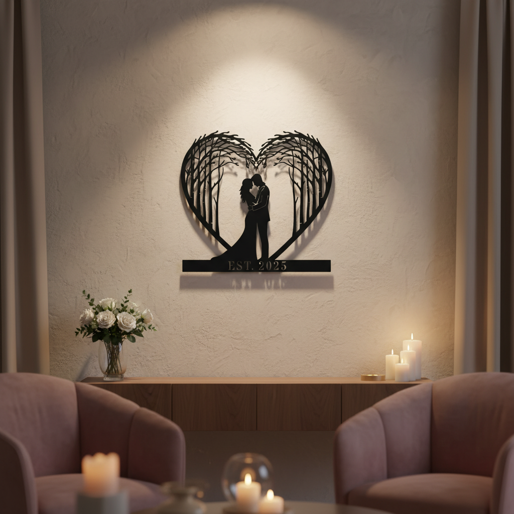 Personalized couple tree metal sign with heart, names and year in black steel – image 6