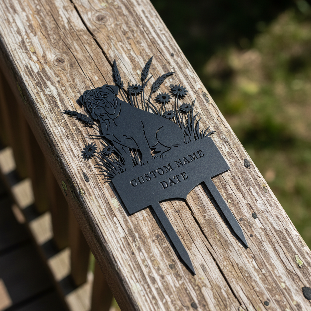 Personalized English Bulldog memorial garden stake with name and dates in black steel – image 10