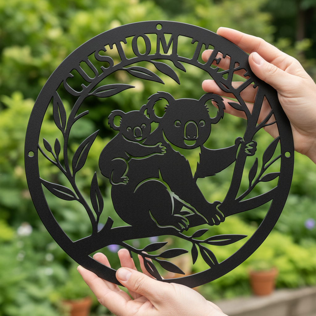Personalisiertes rundes Namensschild Koala mit Eukalyptus aus schwarzem Stahl – Bild 2