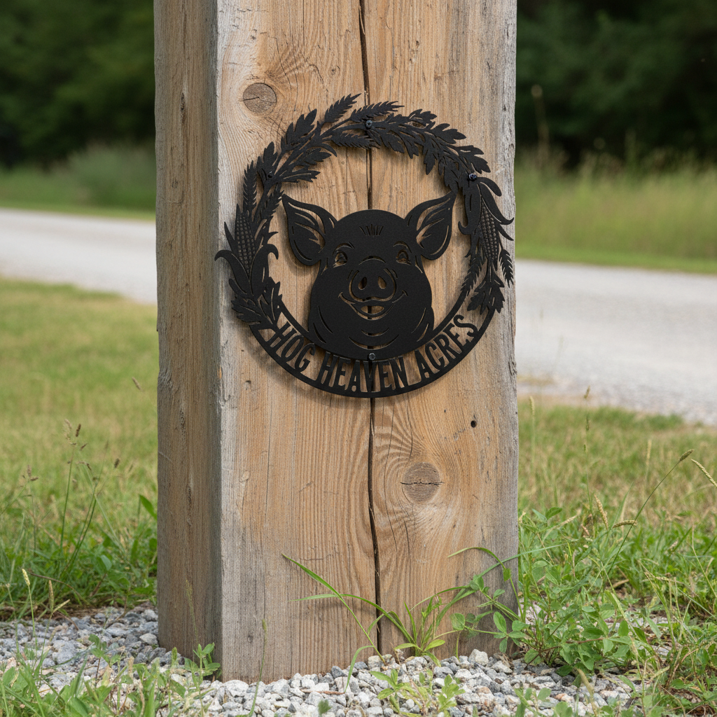 Personalized pig head farm sign with leaf wreath and name in black steel – image 2
