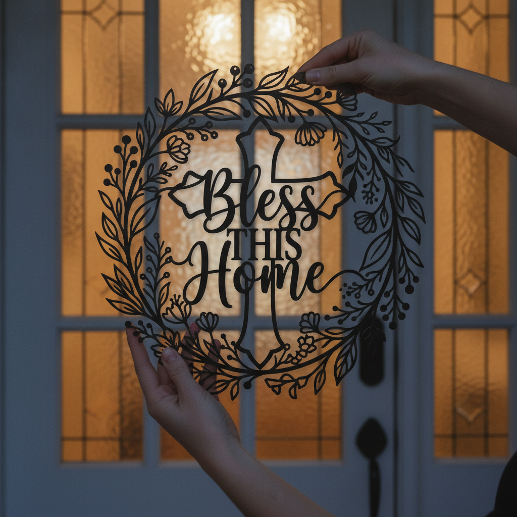 Bless this Home Kreuz mit Kranz Metallschild rund – Bild 5