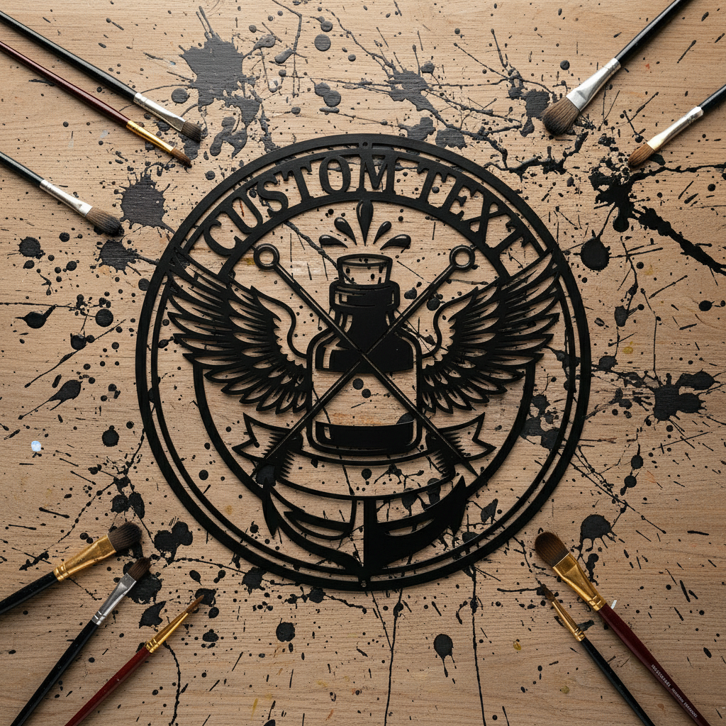 Personalisiertes rundes Tattoo Studio Schild mit Tintenflasche, Flügeln und Anker aus Stahl – Bild 10
