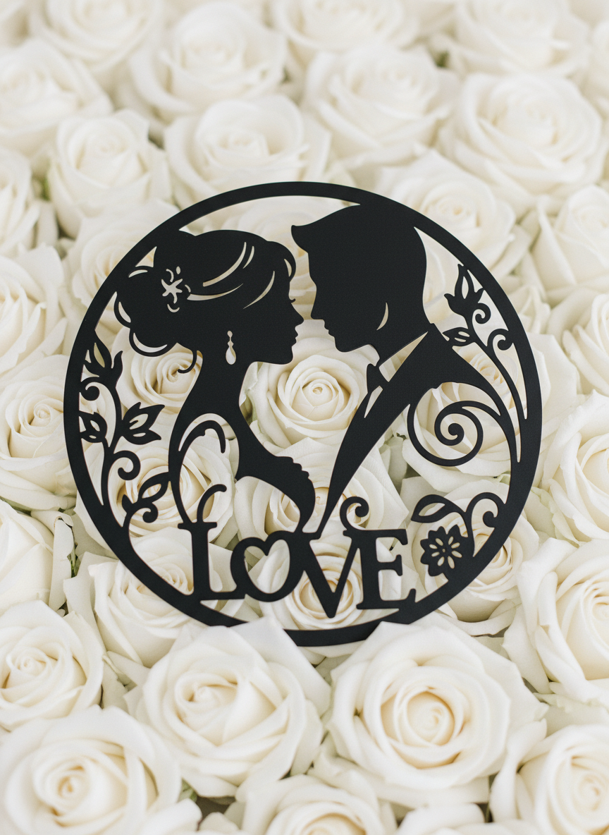 Round bride and groom silhouette metal wall art in black steel – image 10