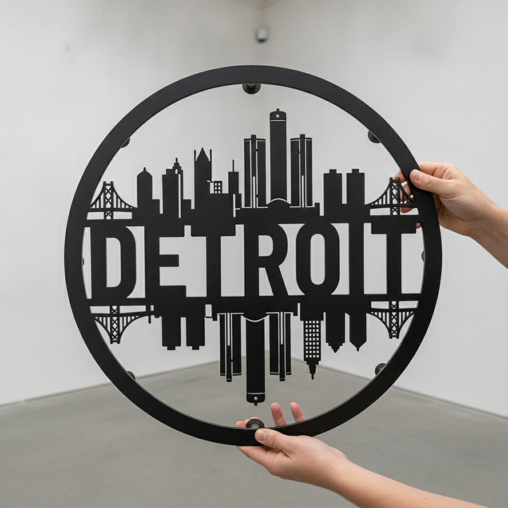Round Detroit skyline metal wall art in black steel – image 6
