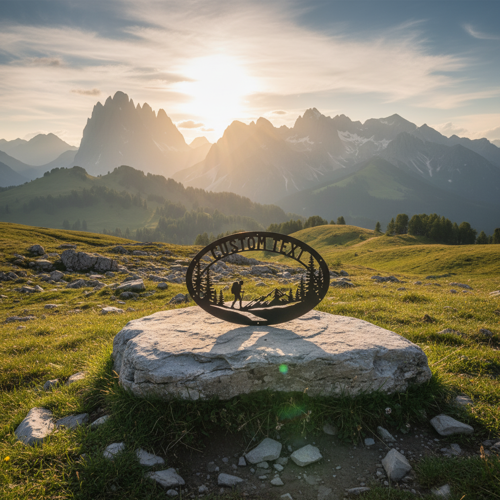 Personalized oval hiker metal sign with mountains and name in black steel – image 4
