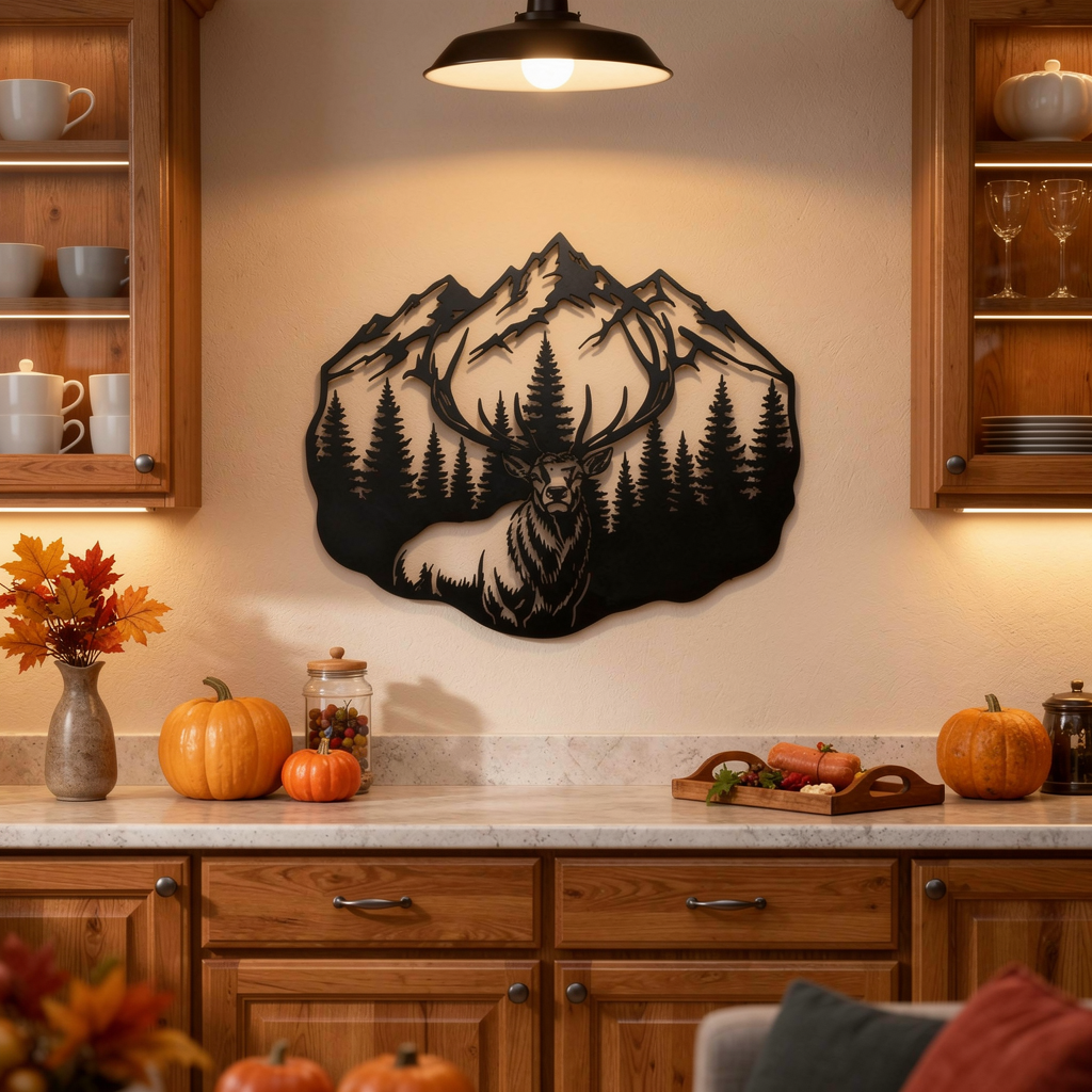 Deer metal sign with stag, mountains and fir trees in black steel – image 4