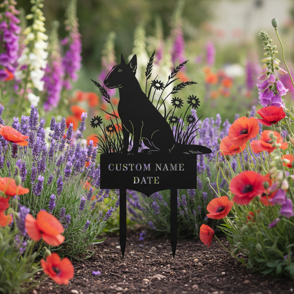 Personalized Bull Terrier memorial garden stake with dog name and dates in black steel – image 9